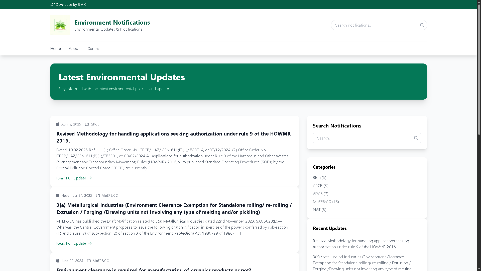 Environment Notifications Website